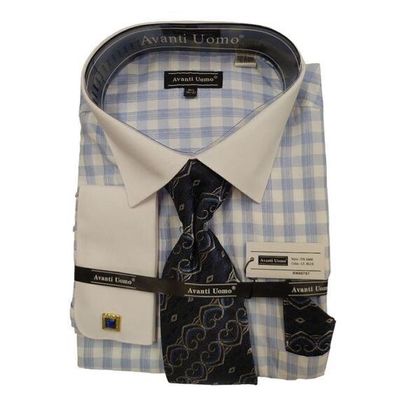 MEN'S AVANTI UOMO LT BLUE SMALL CHECK PATTERN WHITE COLLAR  FRENCH CUFFS DN1O6M - Picture 4 of 4